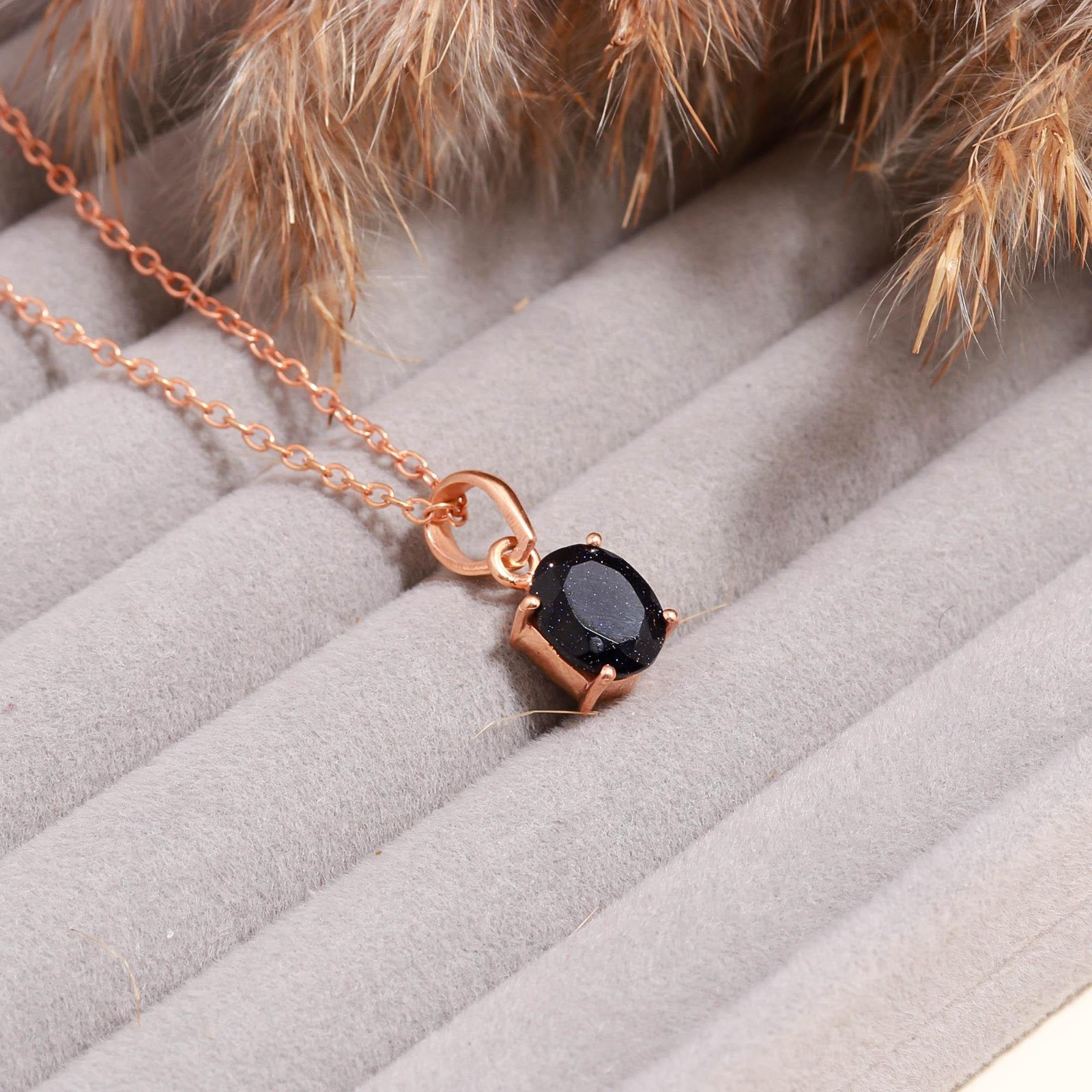 Natural Galaxy Sandstone Oval Necklace Rose Gold Fill 925Sterling Silver Jewelry