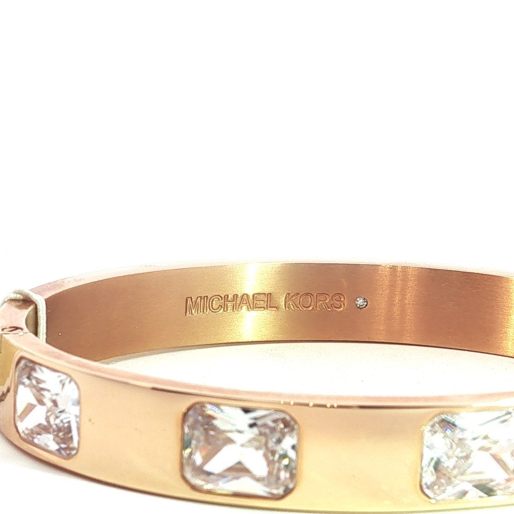 NWT Michael Kors Rose Gold Tone Crystal Bangle Bracelet Hinged MK Logo Gift