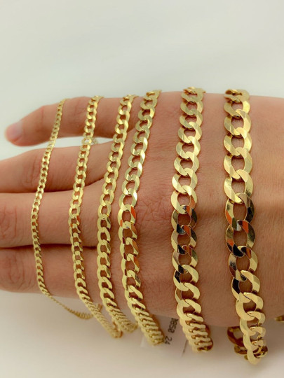 14K Gold Curb Chain Necklace 3mm -8mm Over 925 Silver, 16-30 Inch, BEST SELLER