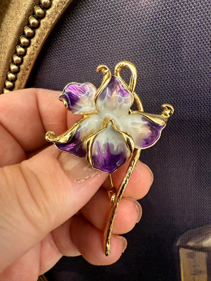 New Orchid Enamel Flower Brooch, 2.28-Inch, 14K Gold‑Plated Pin