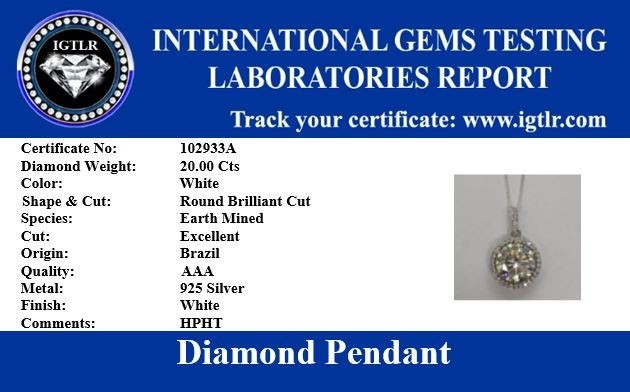 RARE 20.00 Ct Certified White Treated Diamond Solitaire Pendant in 925 Silver