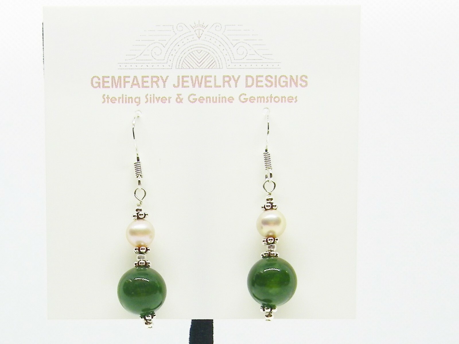 Sterling Silver Natural NEPHRITE JADE & PEARL Dangle Earrings…Handmade USA