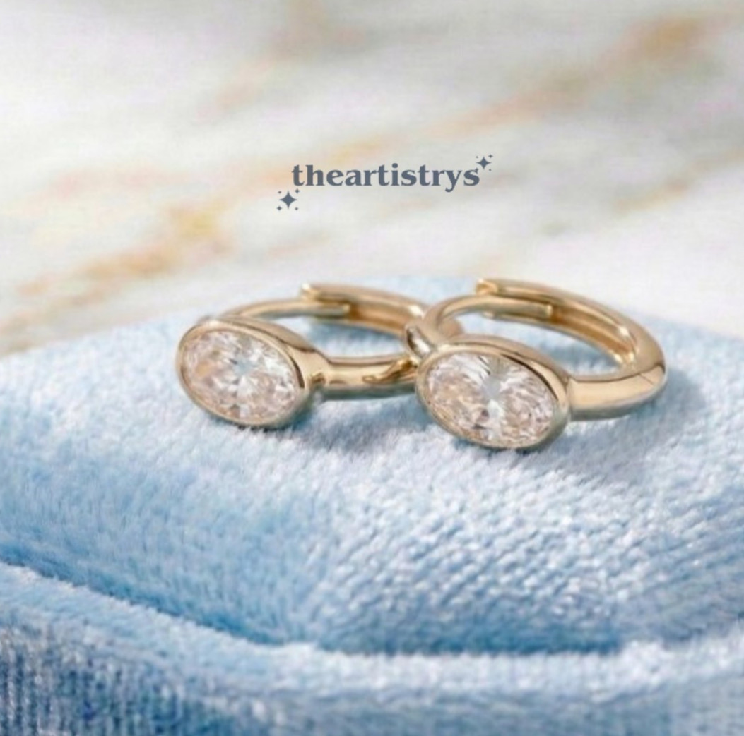 Moissanite Huggie Hoop Earrings 2.00 Carat Oval Cut VVS1 Solid 14K Yellow Gold