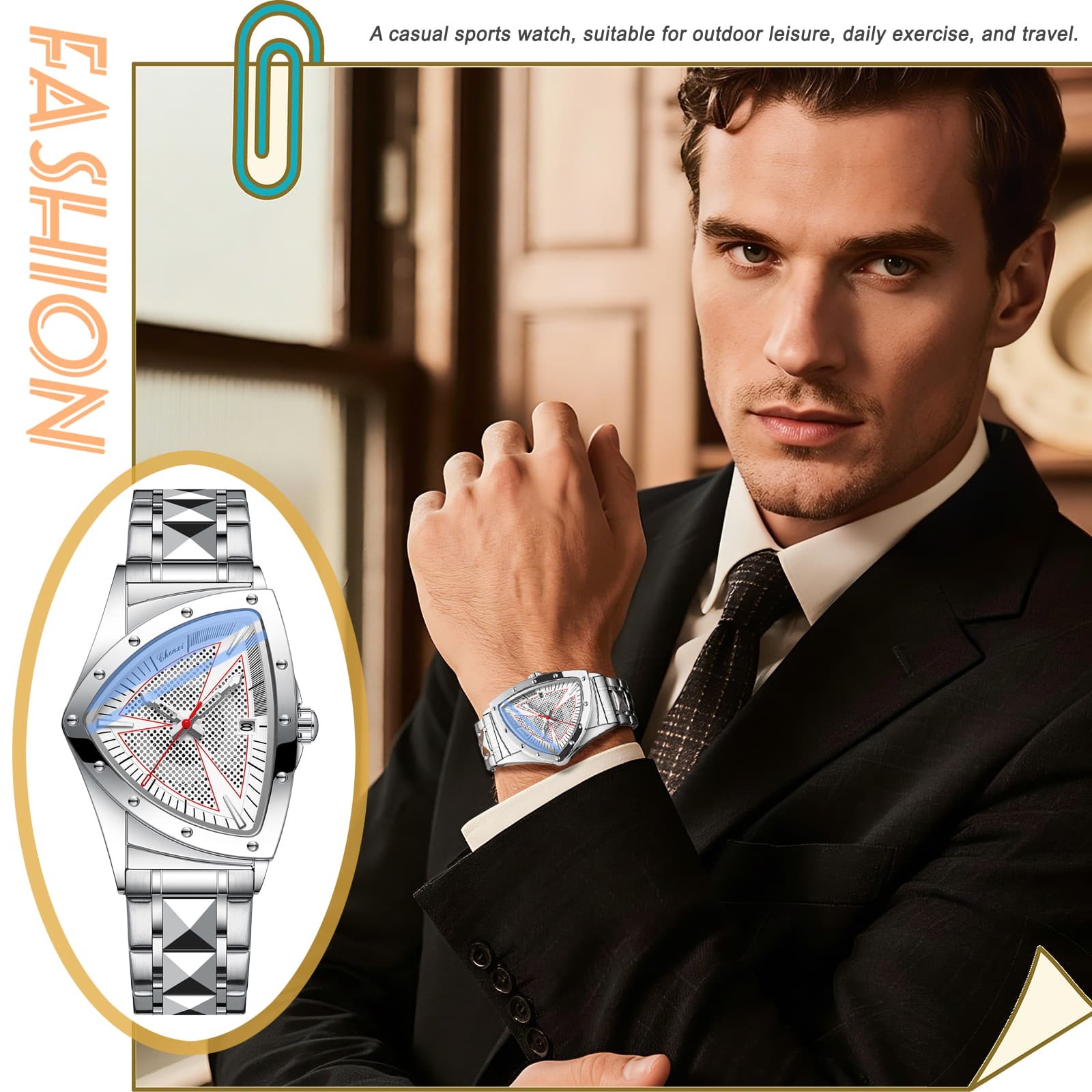 Mens Triabgle Stainless Steel Date Luminous Waterproof Wrist Watch Business Gift