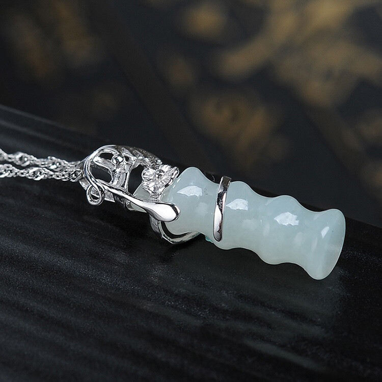 925 Sterling Silver Chain Necklace With Flower Design Jade Pendant Column D885