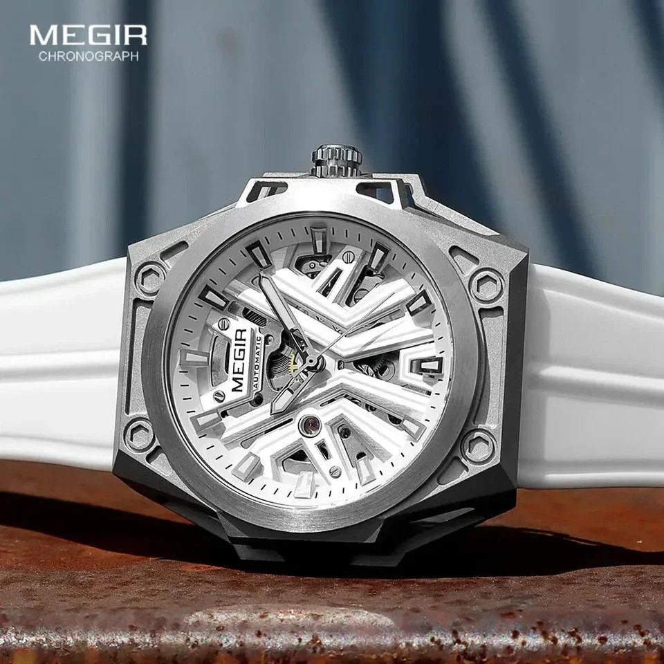 MEGIR Men Automatic Mechanical Watch Skeleton Dial Silicone Strap Waterproof8603