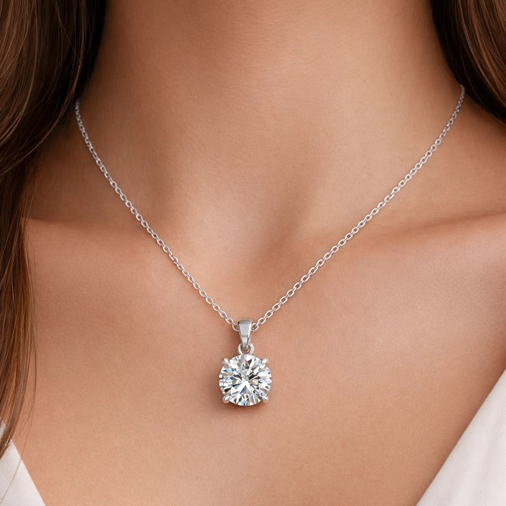 1.00 Ct Moissanite Round Diamond solitaire Pendant Necklace With Chain in Silver