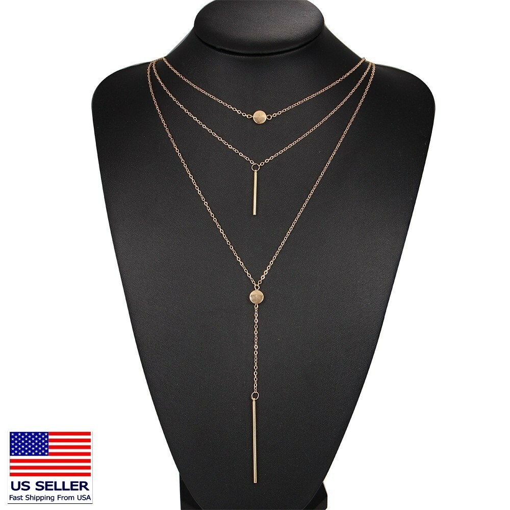 Women Chain Jewelry Necklace Layered 3D Round Sequin Line Y-Drop Pendant 0964