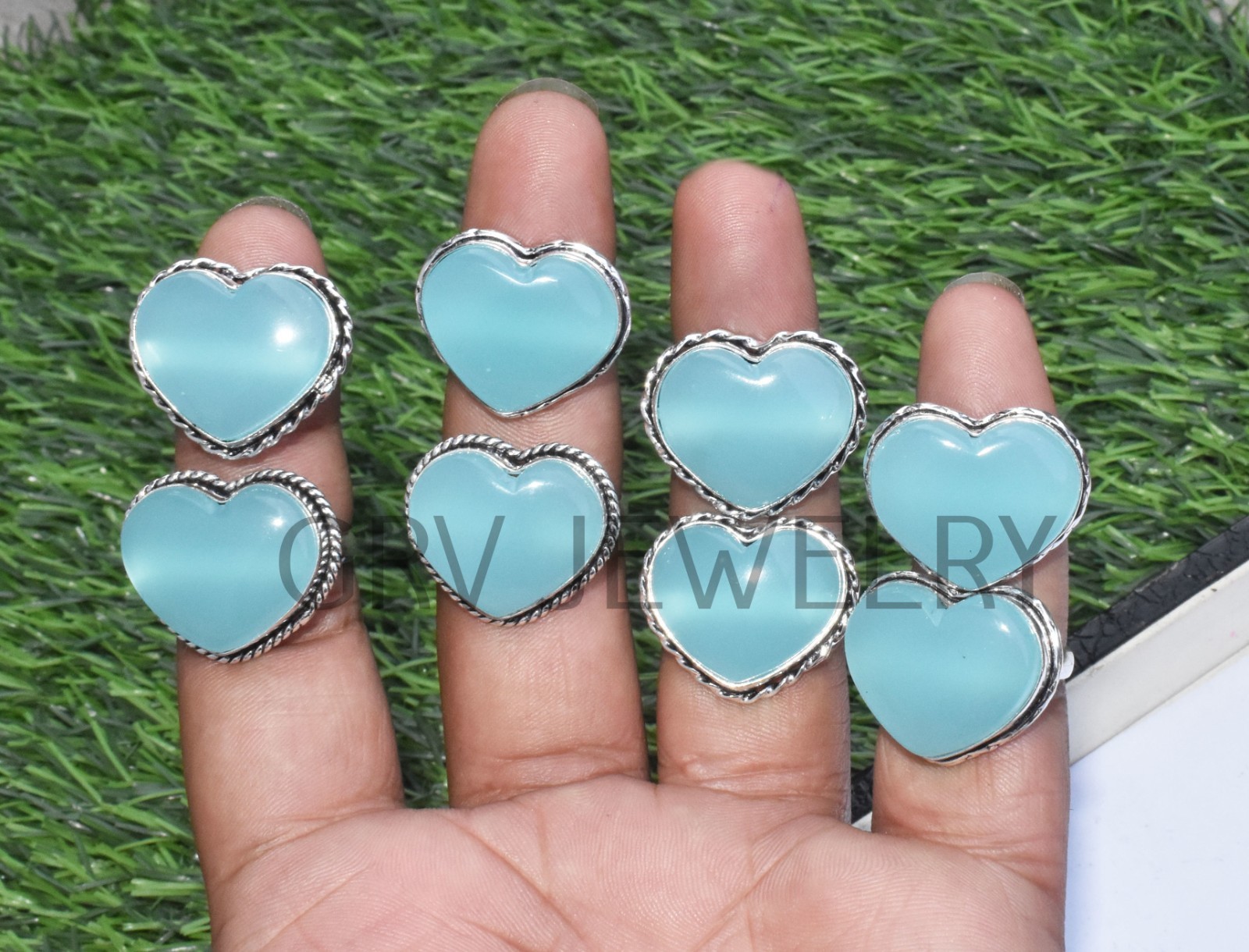 1-500 Pcs Chalcedon In Wholesale Stone Heart Ring Lot Bulk: Silver Plated Whr-73