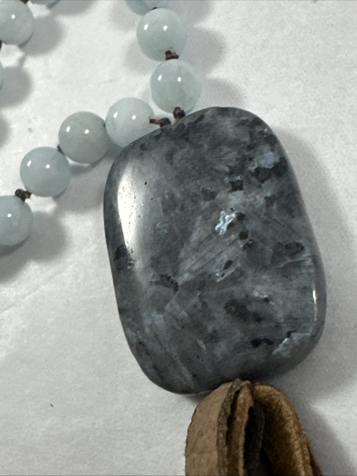 Silver Shimmer Larvikite Pendant ~ Hand Knotted Snowy Jade Beads 26″ Necklace