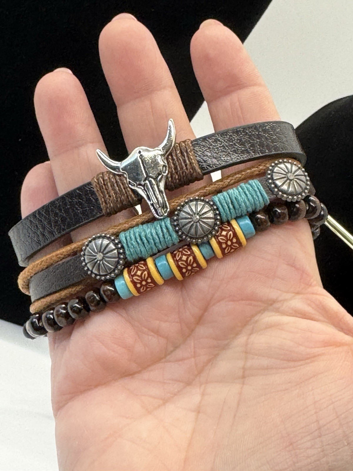 Adjustable Western Faux Leather Pull Cord Adjustable Bracelet Bull Skull Charm