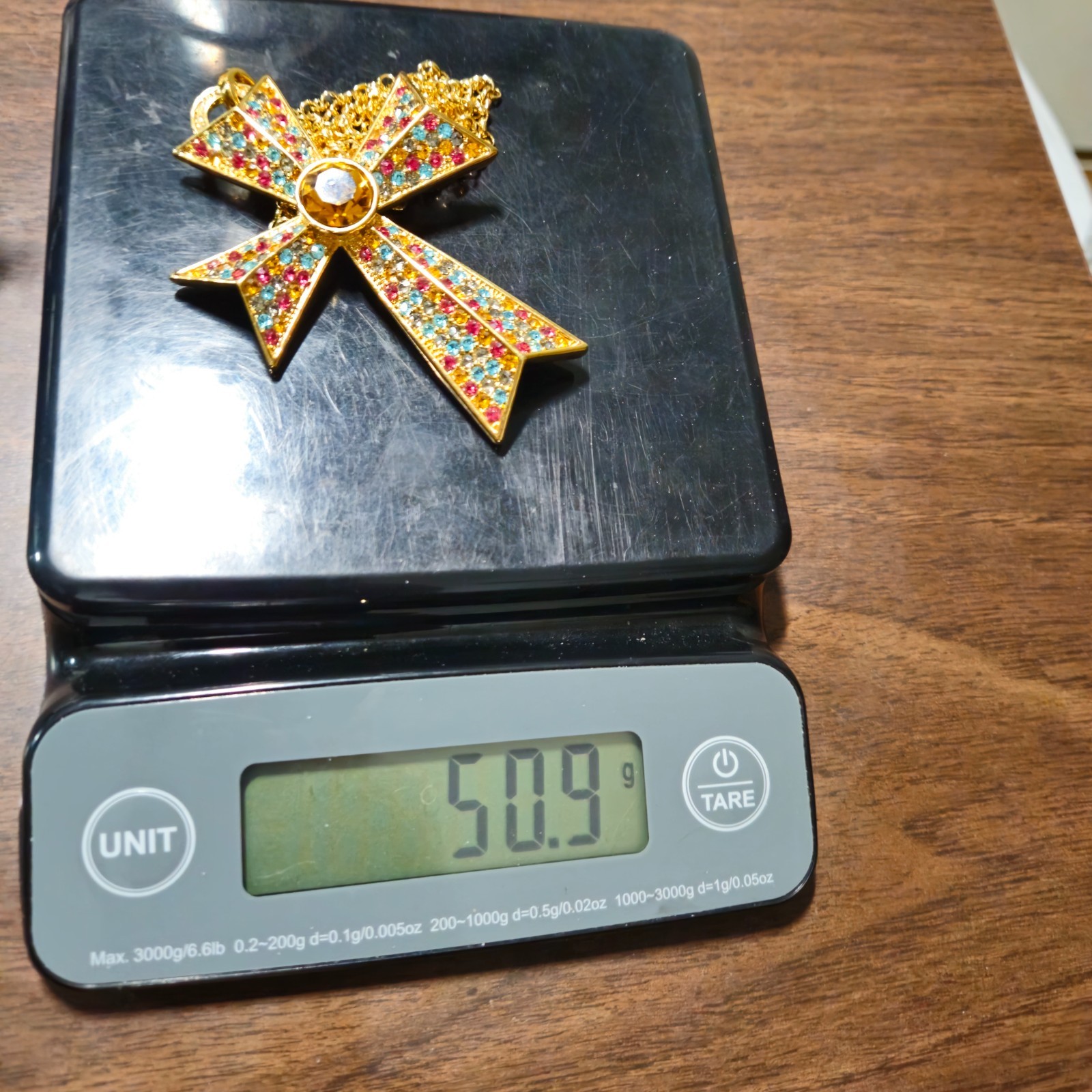 Gold Tone Cross Pendant Necklace Amber Gemstone Religious Christian 50g 18″ Vtg