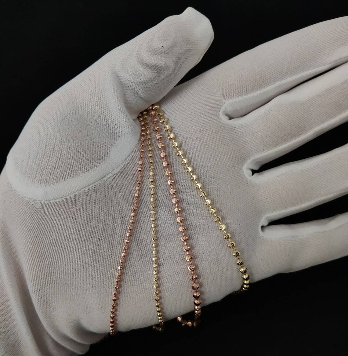 SOLID 14K Real Yellow, Rose Gold Half Moon Diamond Cut Bead Ball Chain Necklace