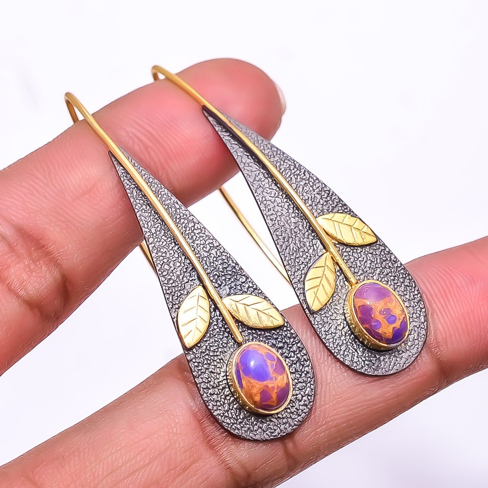 Copper Purple Turquoise 925 Silver Black&Gold Plated Handmade Earring 2.15″