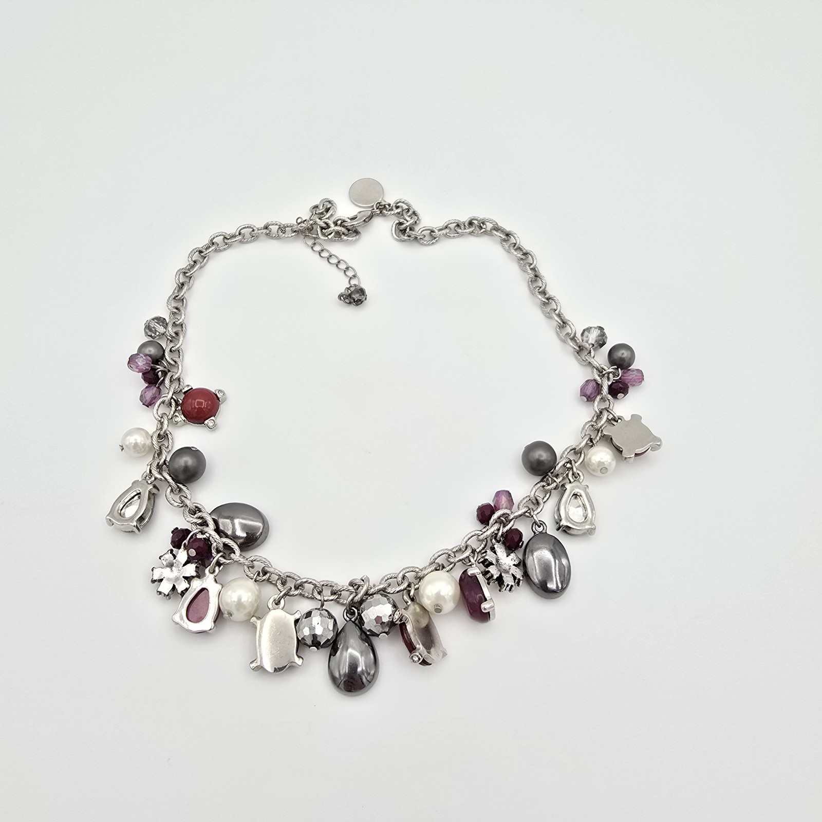 White House Black Market Red Rhinestone & Faux Pearl Necklace Purple Gray White