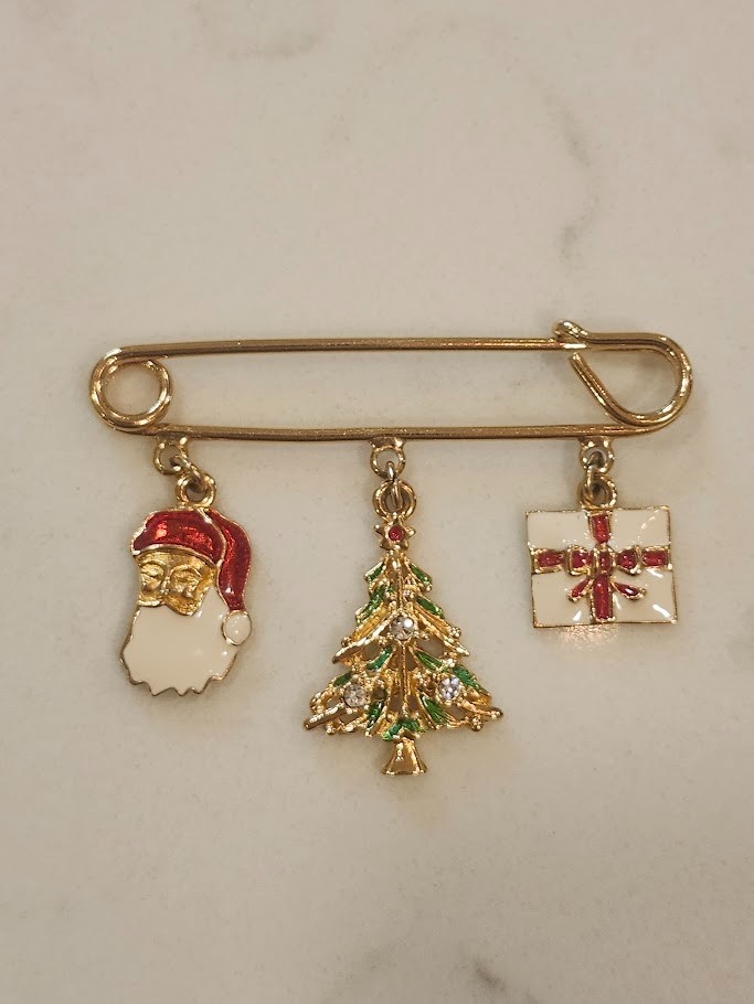 Vintage 1995 Avon Christmas Gold Tone Charm Safety Pin Brooch