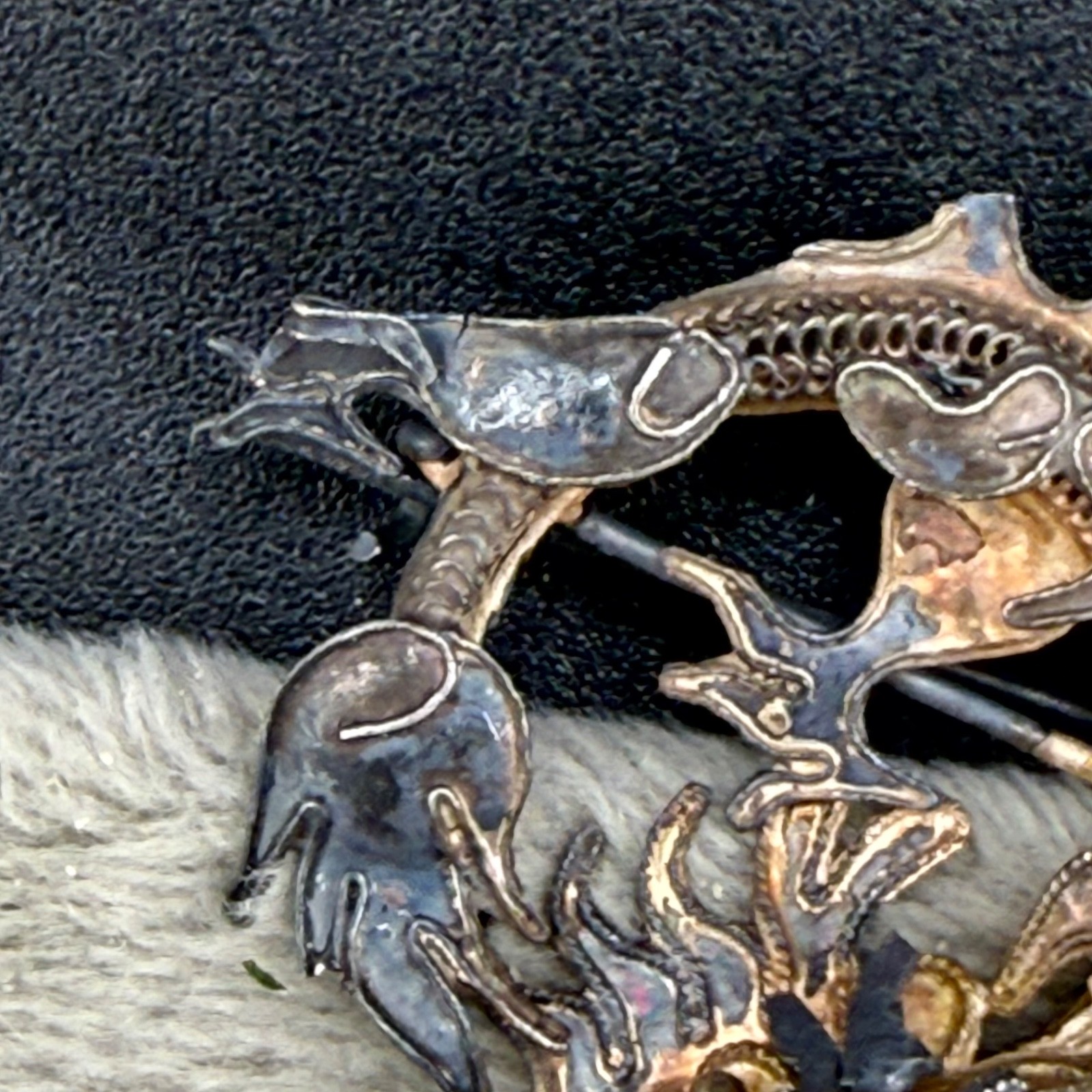 Vintage Chinese Export Brooch Silver Tone Fish Sea Dragon