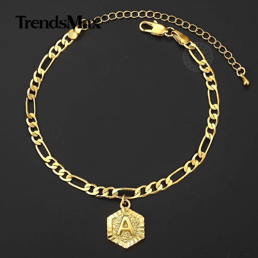 Figaro Chain Initial A-Z Anklet Bracelet Gold Plated Stainless Steel Summer Hot