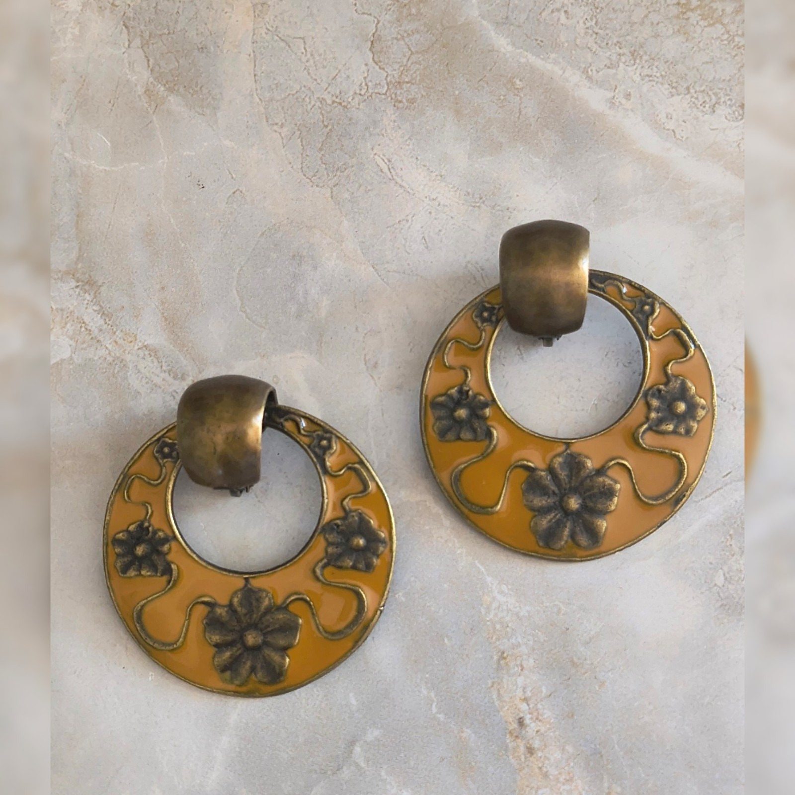 Mustard Yellow Enamel Brass Big Closed Hoop Clip Vintage Boho Floral Earrings