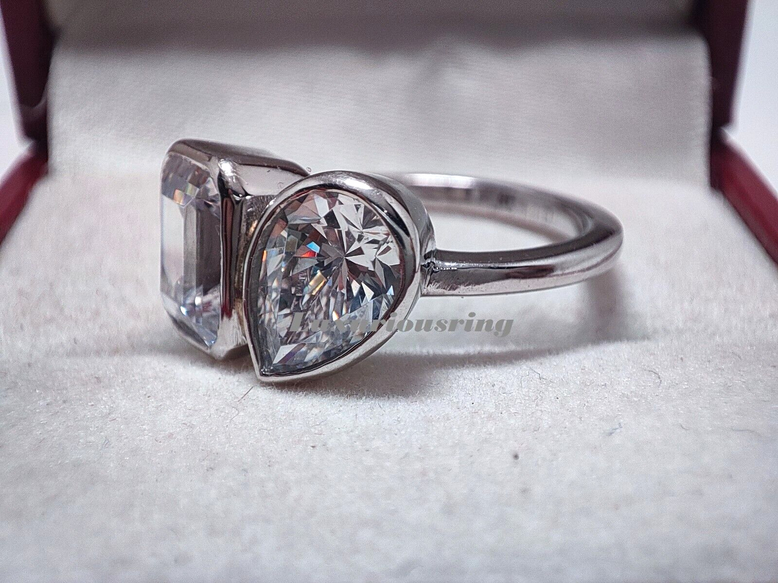 925 Starling Silver White Moissanite Toi Et Moi Ring, Two Stone Bezel Set Ring