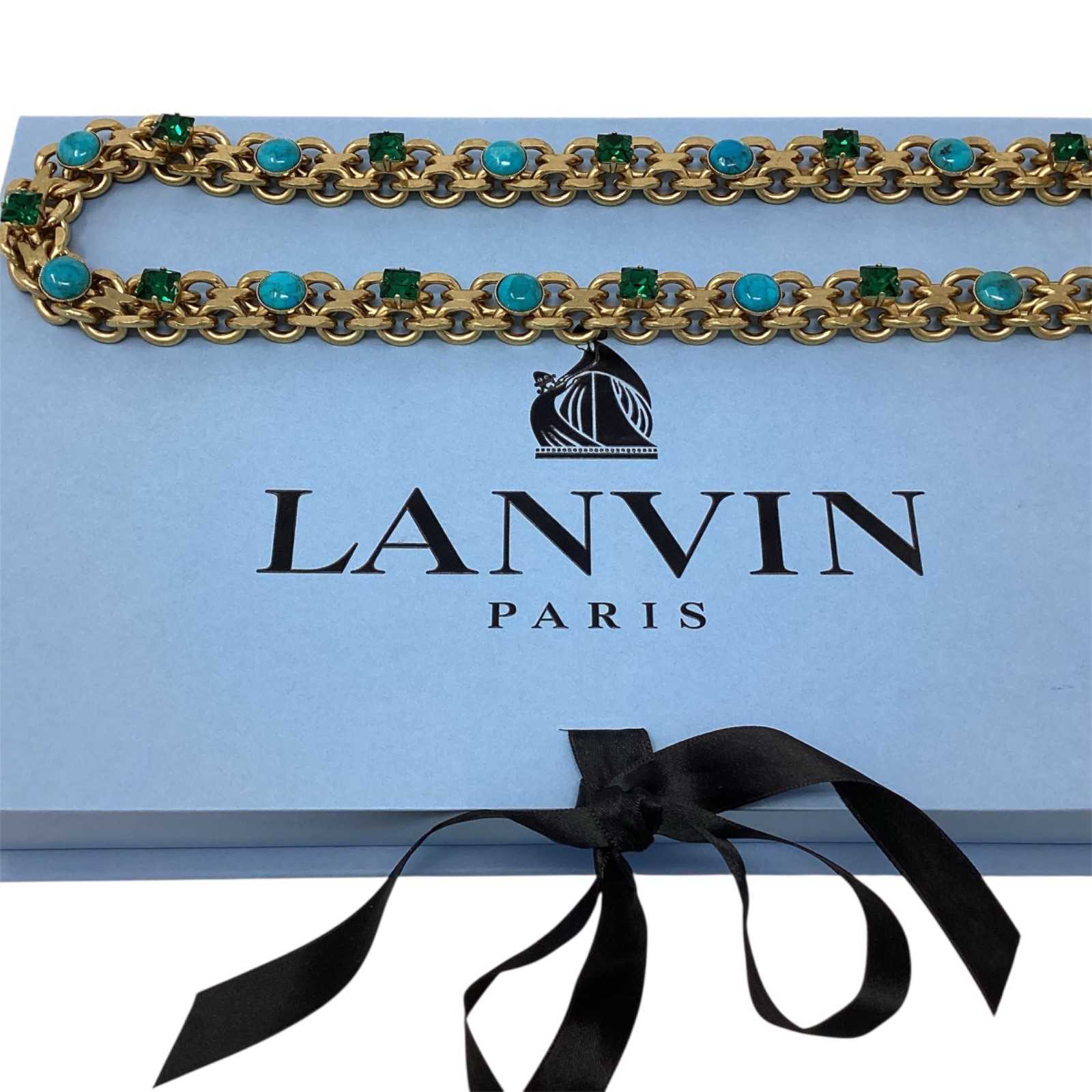 Lanvin Necklace 16″ Turquoise & Emerald Green Ribbon Statement Gold-Tone Short
