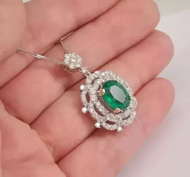 3.00Ct Oval CutNatural Green Emerald Halo Wedding Pendant 14K White Gold Plated