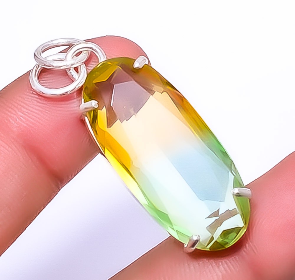 Bi Color Tourmaline Gemstone 925 Sterling Silver Pendant 1.95″ P7372-58