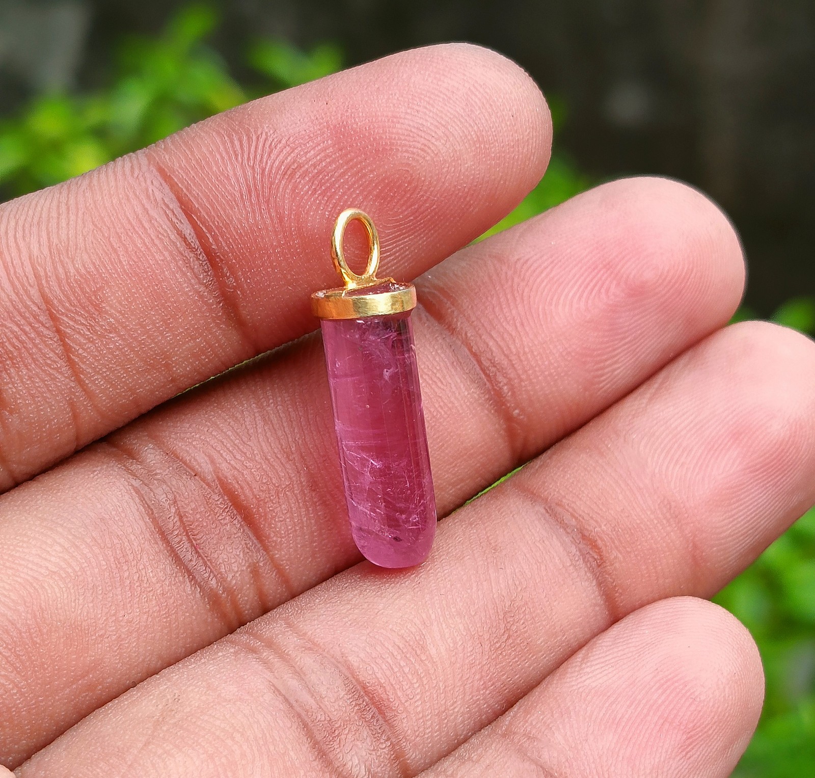 Natural Pencil Pink Tourmaline Gold Charm, 18k Solid Gold Handmade Charm Pendant