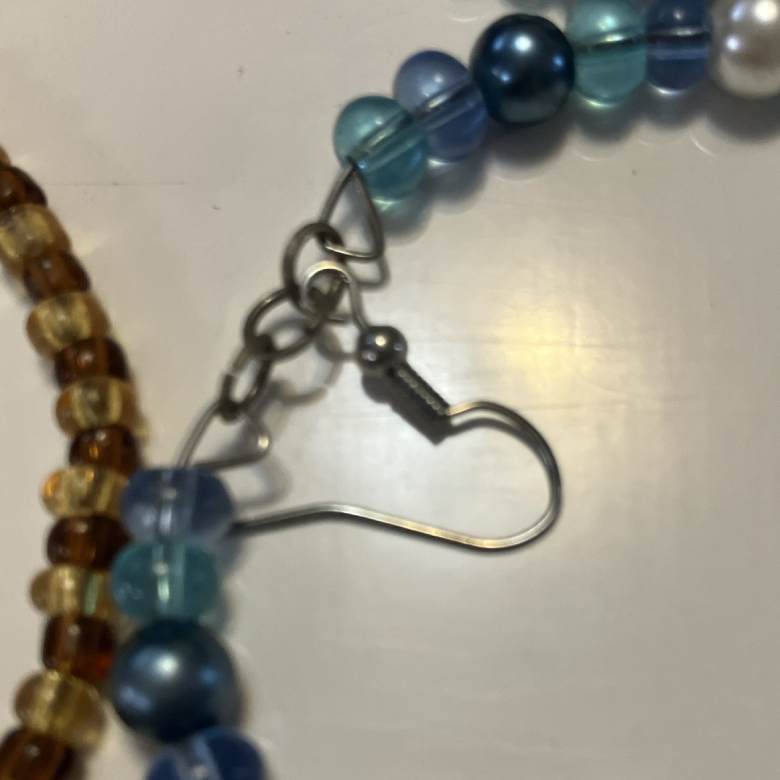 Handcrafted Artisan Beaded Glass Hoop Earrings Brown Blue White Round Hook Lobe
