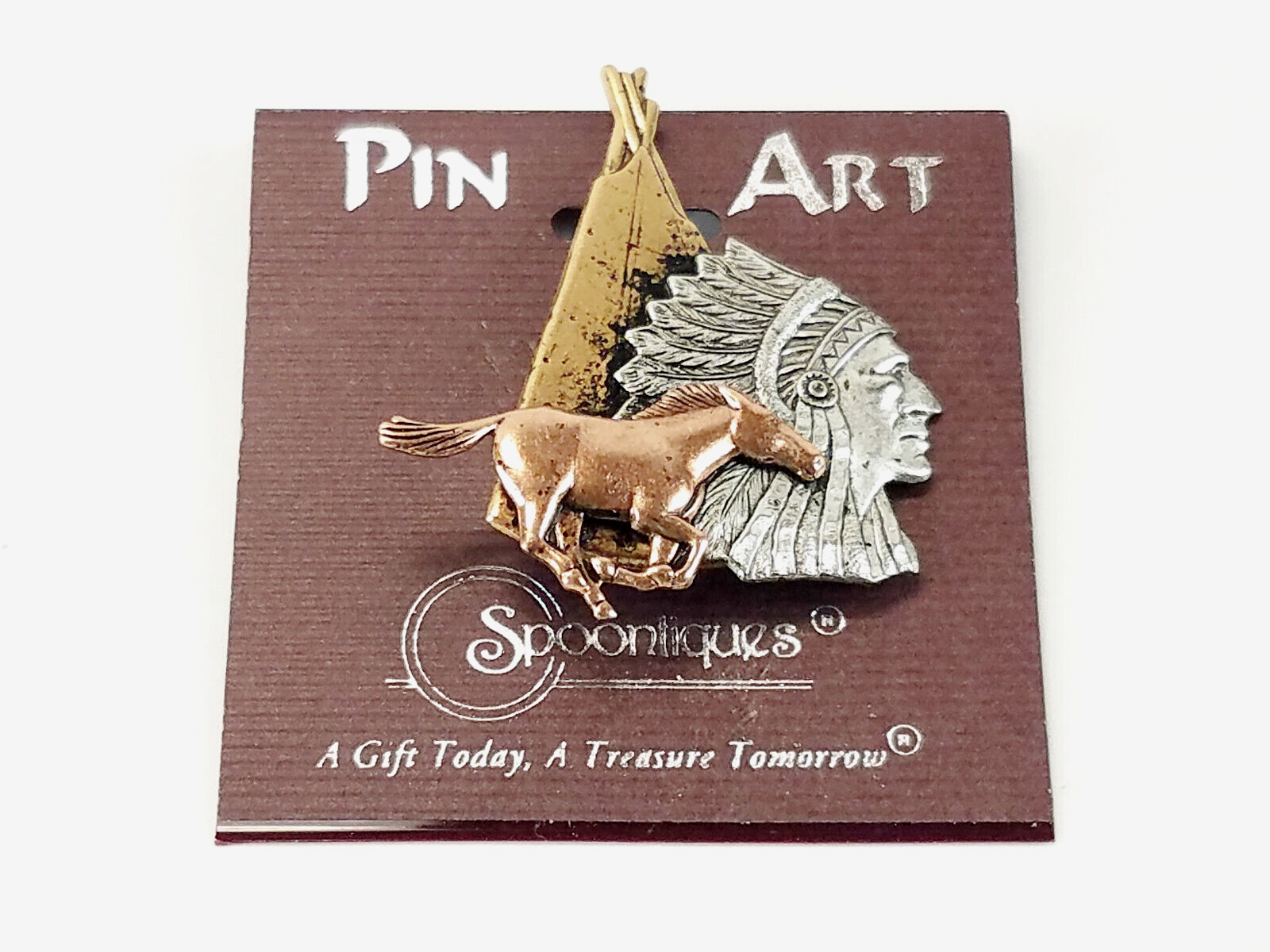 Vtg SPOONTIQUES Native American INDIAN Art Pin Copper Pewter Brass Toned Brooch