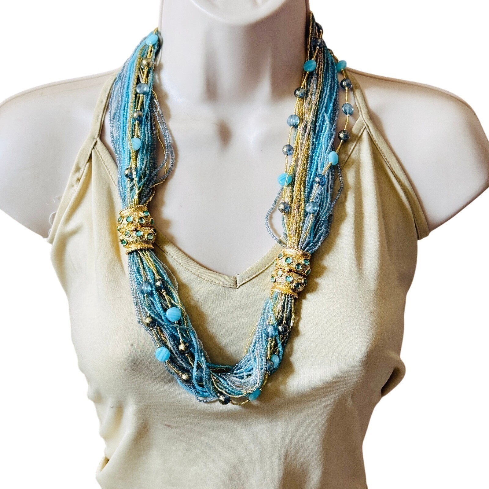 VTG Runway Regal Necklace Bracelet set multi use Glass cabochon Blue Jeweled 80s