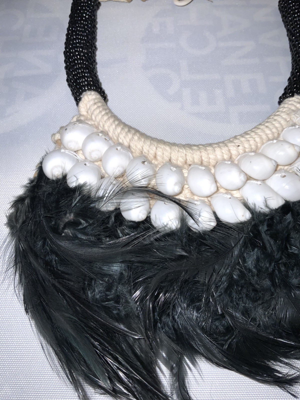 Papua New Guinea Feathered Cowrie Shell Necklace Tribal Band hand weaved Fabric