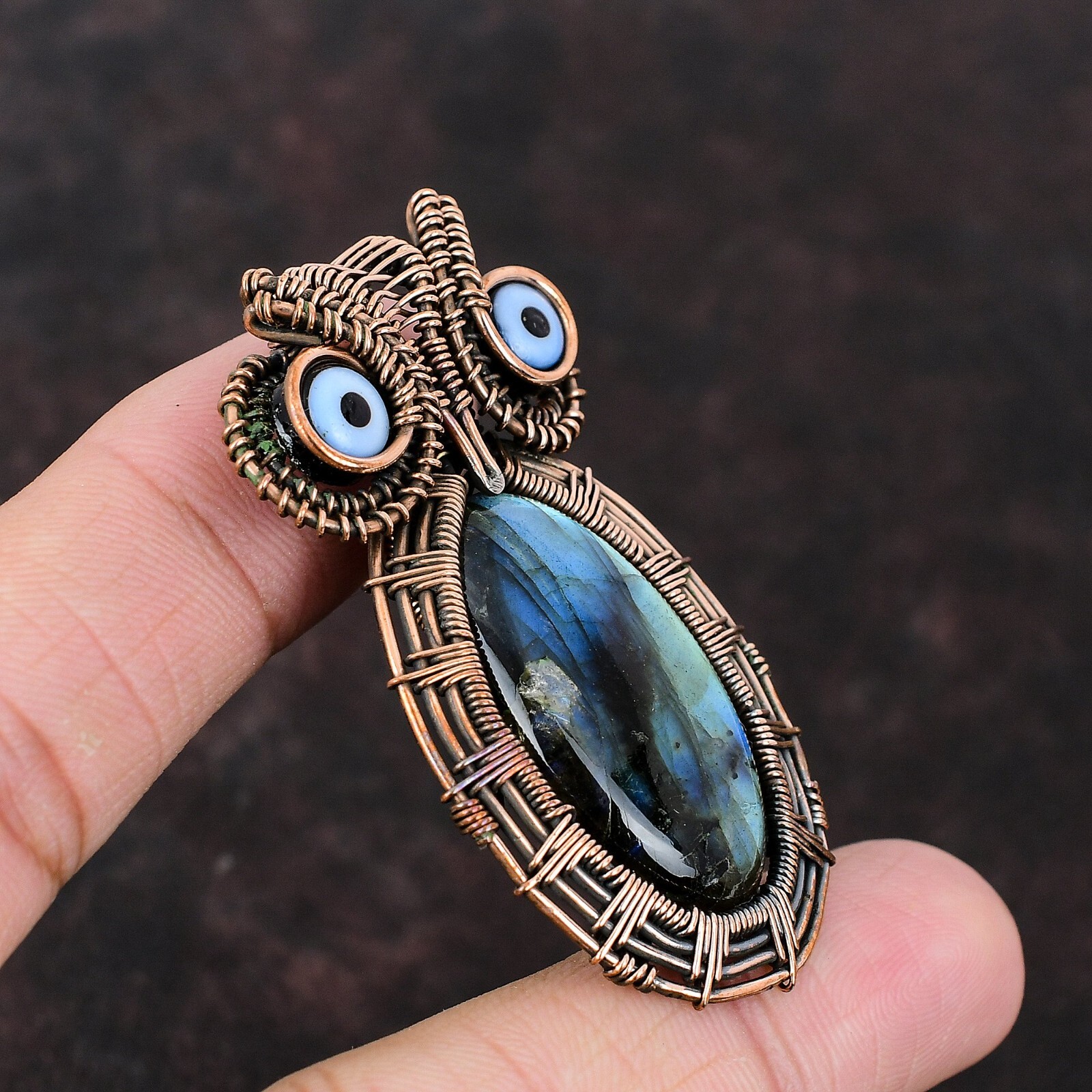 Labradorite Wire Wrapped Owl Pendant Handcrafted Copper Valentine Gift 2.24″