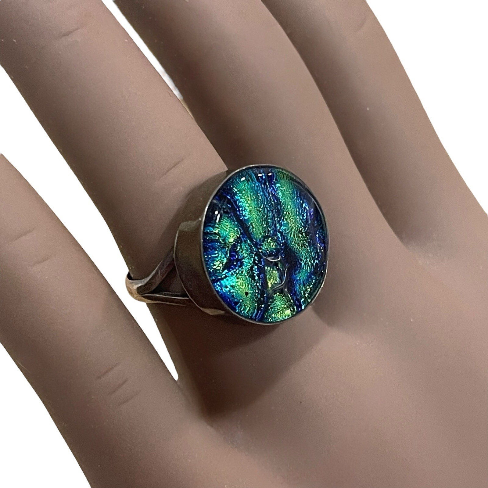 Dichroic Art Glass Ring Sterling Silver 925 Vtg Green Blue Ladies Sz 7.5 Sparkle