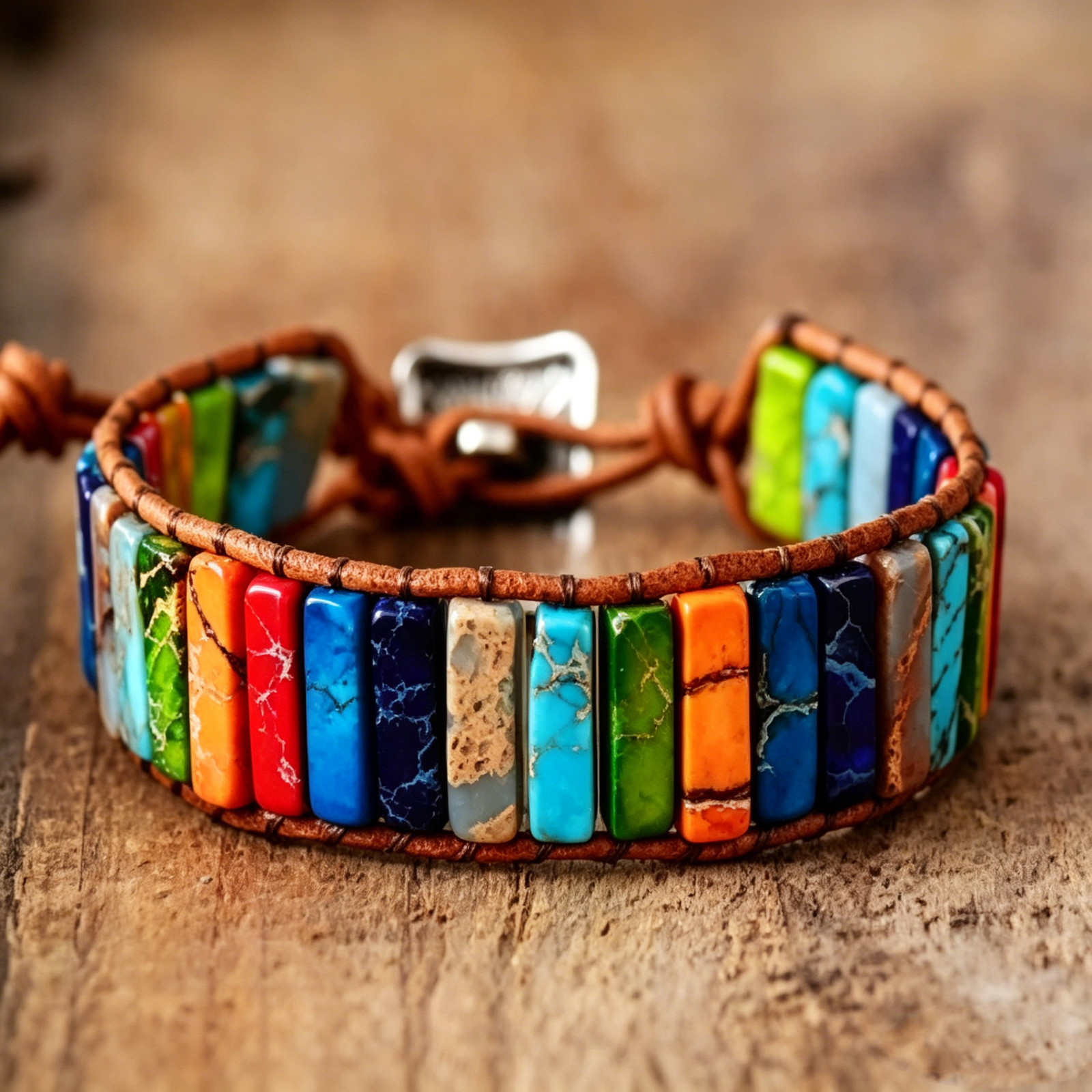 Chakra Rainbow Stone Beaded Leather Wrap Bracelet Boho Healing Jewelry For Women