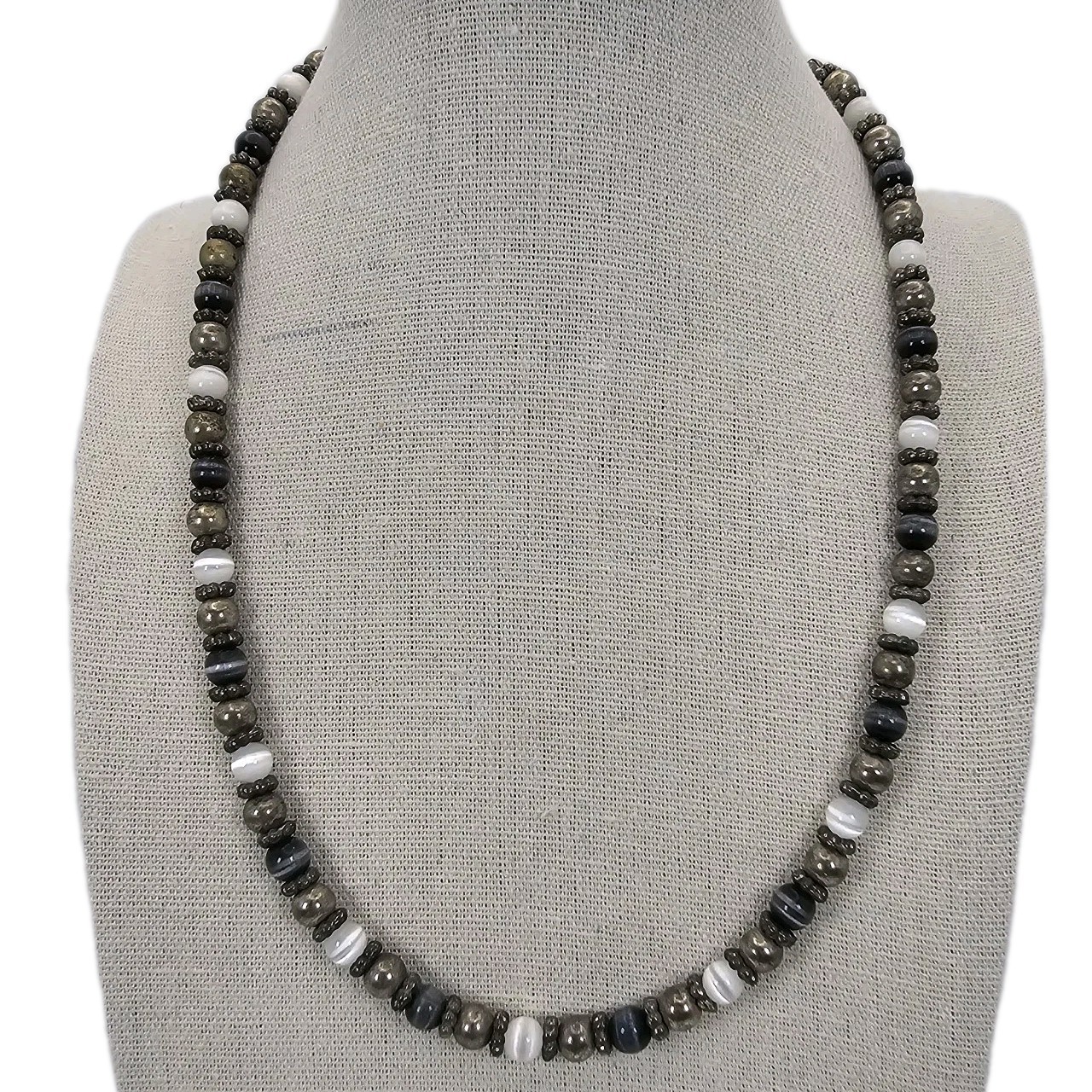 VTG Earth Tone Beaded Necklace Brown Black White Stone Glass Boho