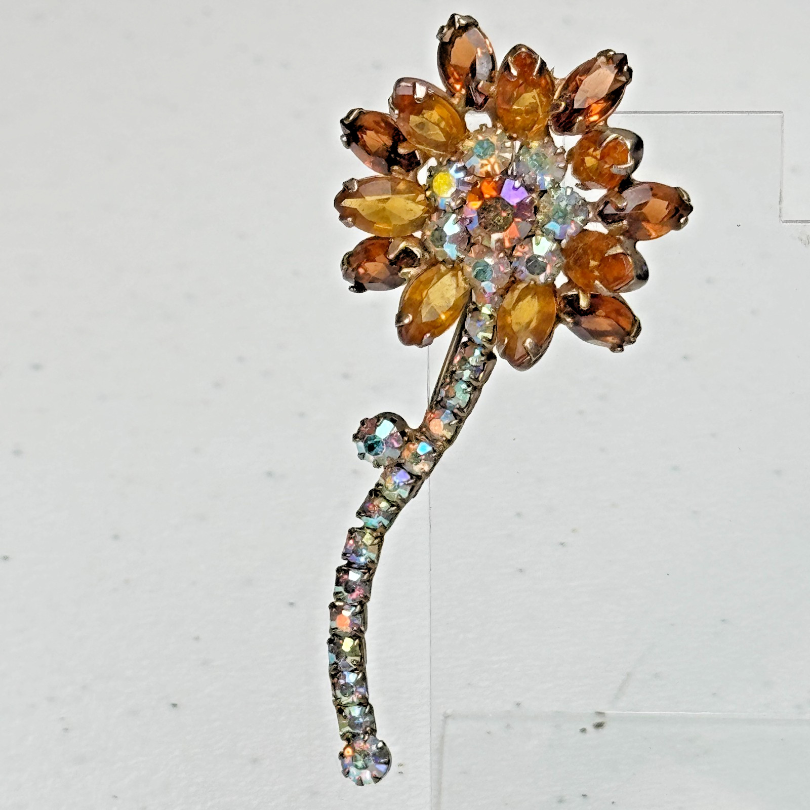 Vintage Brooch Brown Rhinestone Flower AB Stem Daisy MCM 50s 60s