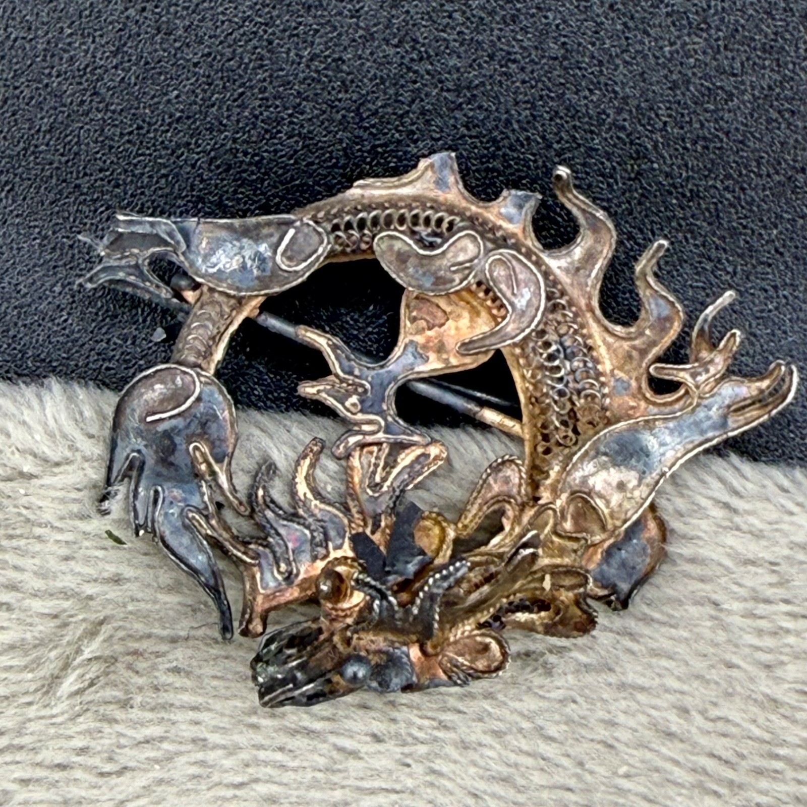 Vintage Chinese Export Brooch Silver Tone Fish Sea Dragon