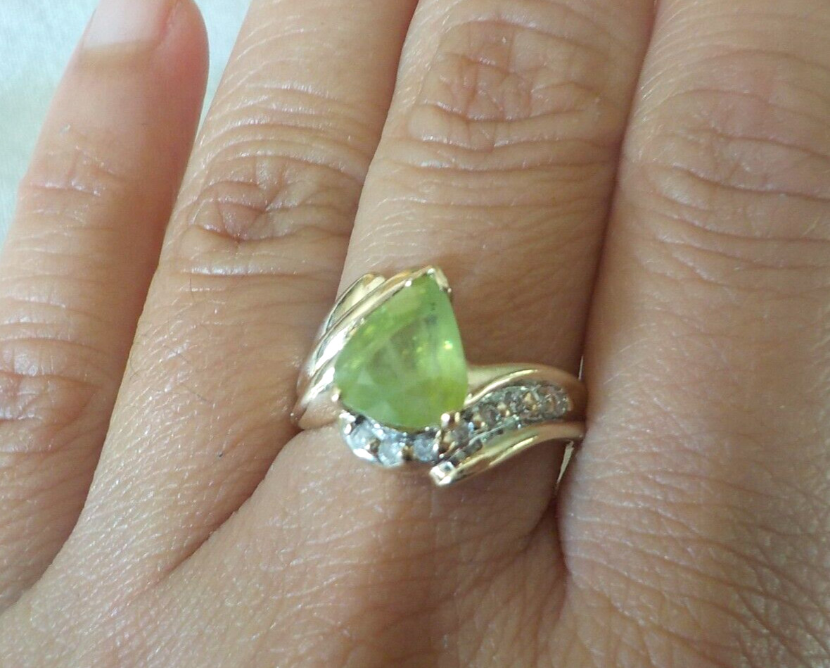 Solid 14K Yellow Gold Lime Green Sphene Diamond Ring – 4.70 gms, Sz6.75, 2.56 ct