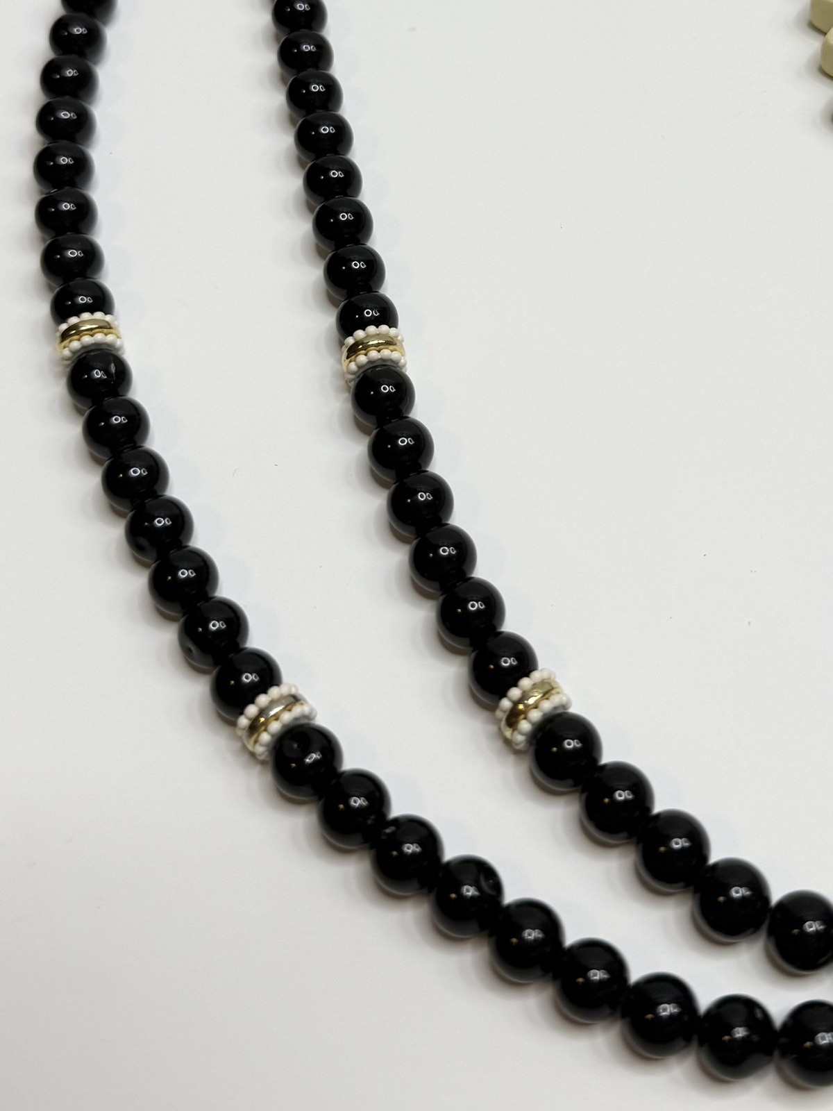 Vintage Japan Black Bead Double Strand Necklace Chunky Geometric Art Deco Style