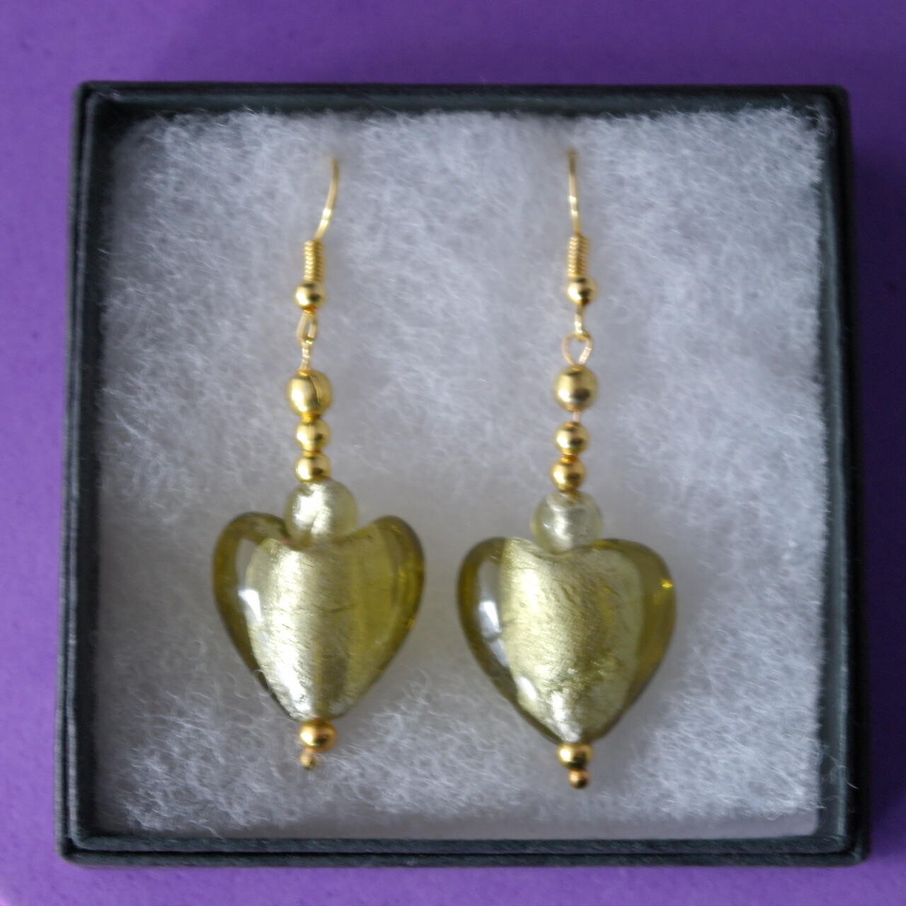 Beautiful Gold Plated Yellow Murano Glass Earrings 11.2 Gr.3.6 Cm. Long + Hooks