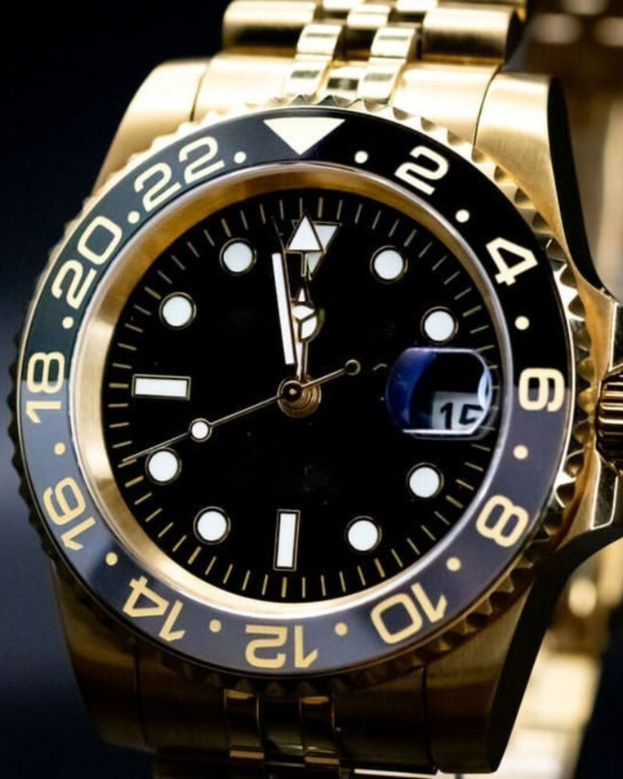 PrimeCrown Gold GMT Watch | Black 24h Bezel | Authentic Seiko NH34 Movement