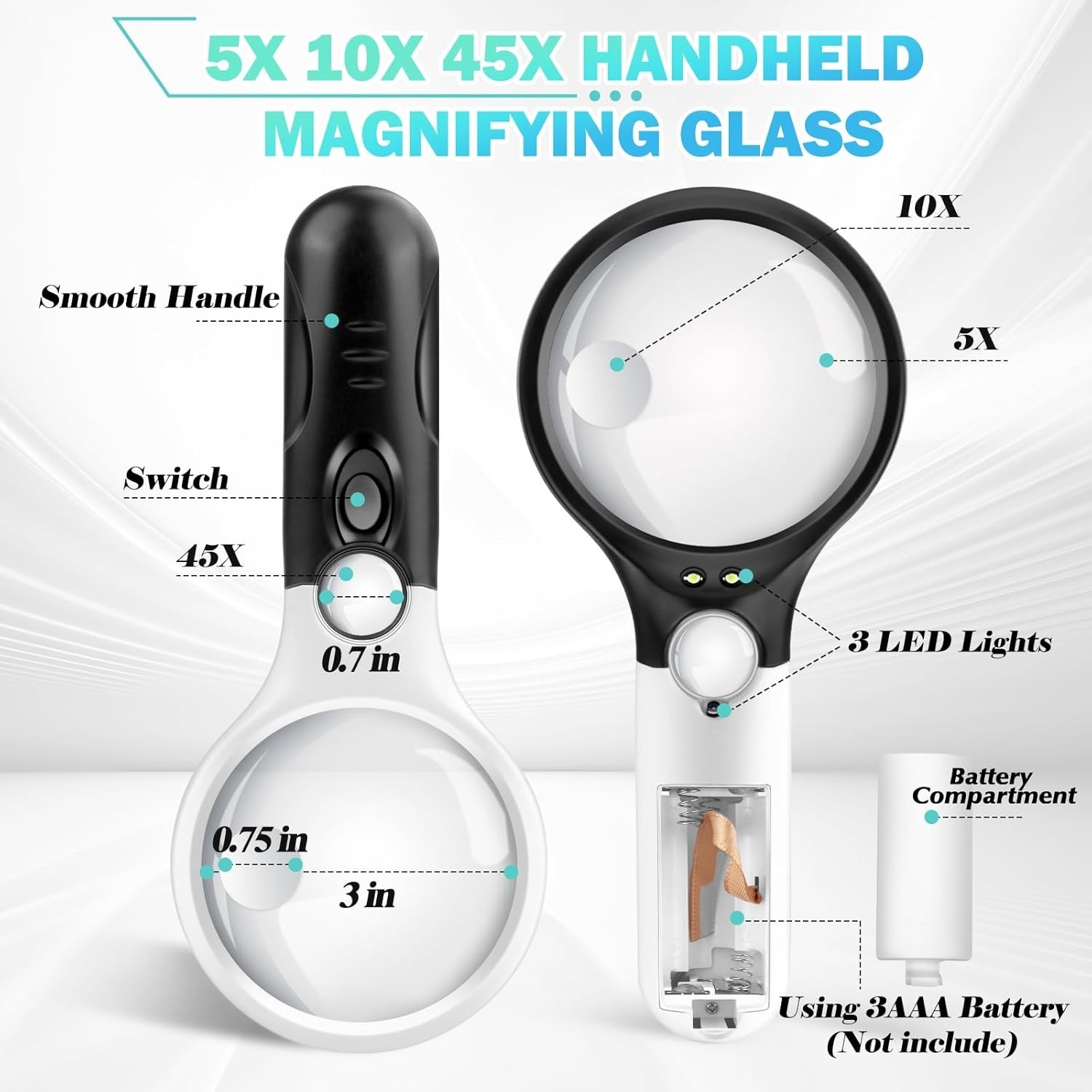 Large Magnifying Glass with Light 10X 20X 45X Illuminated Handheld Magnifier