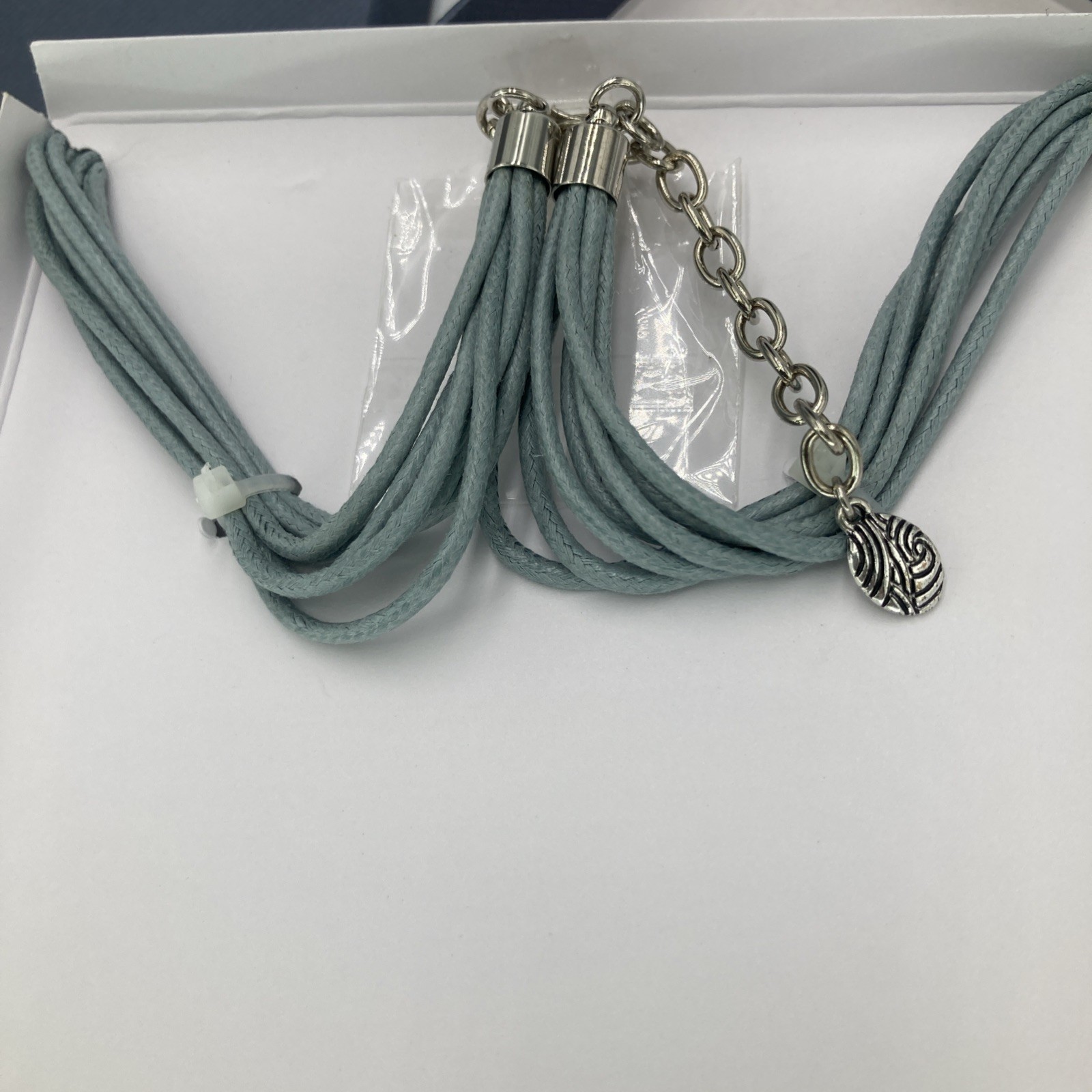 Statement Necklace Silver Tone Medallion Pendant Blue Faux Gem Cord New in Box