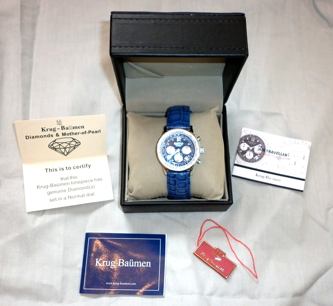 Krug Baumen Mens Air Traveller Diamond Silver – Blue Leather Watch with box