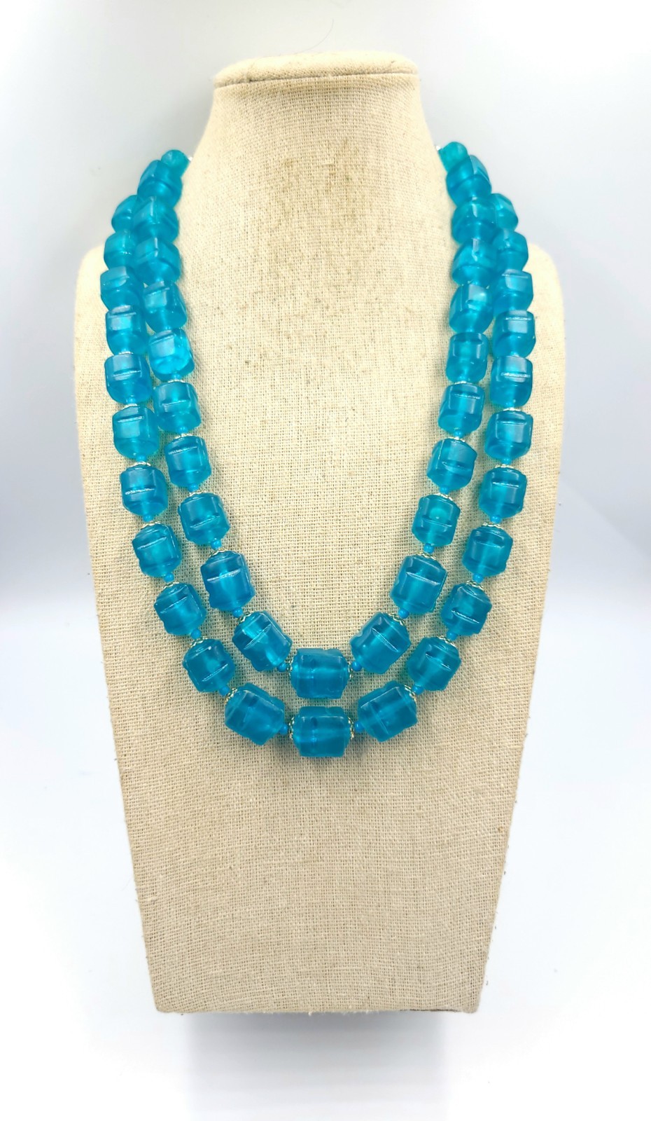 VINTAGE 50’S Double STRAND Turquoise Blue Lucite Square BEADED NECKLACE 20.5in