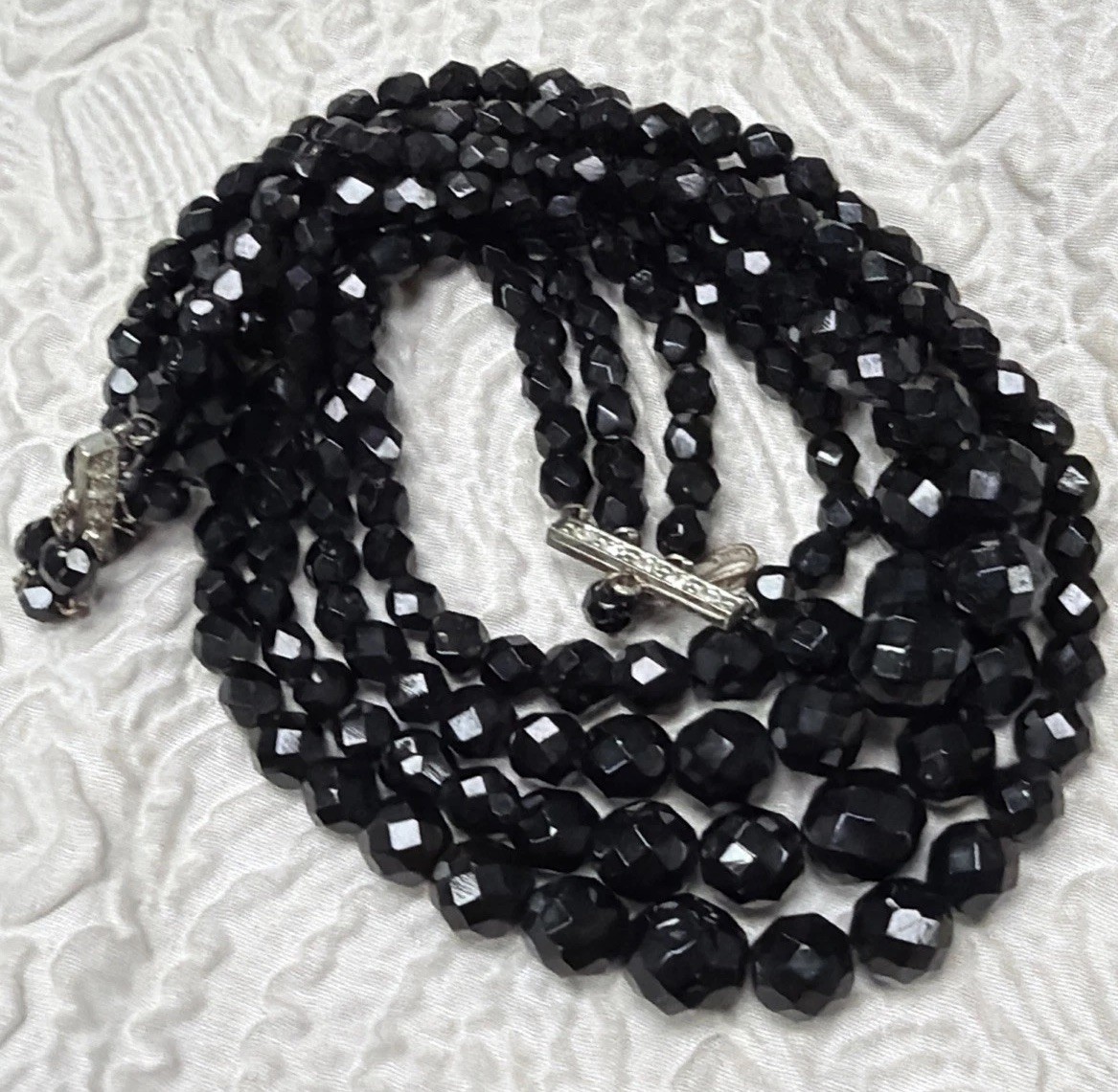 Vintage Laguna 4-Layers Czech Black Glass Faceted Beads Waterfall Necklace