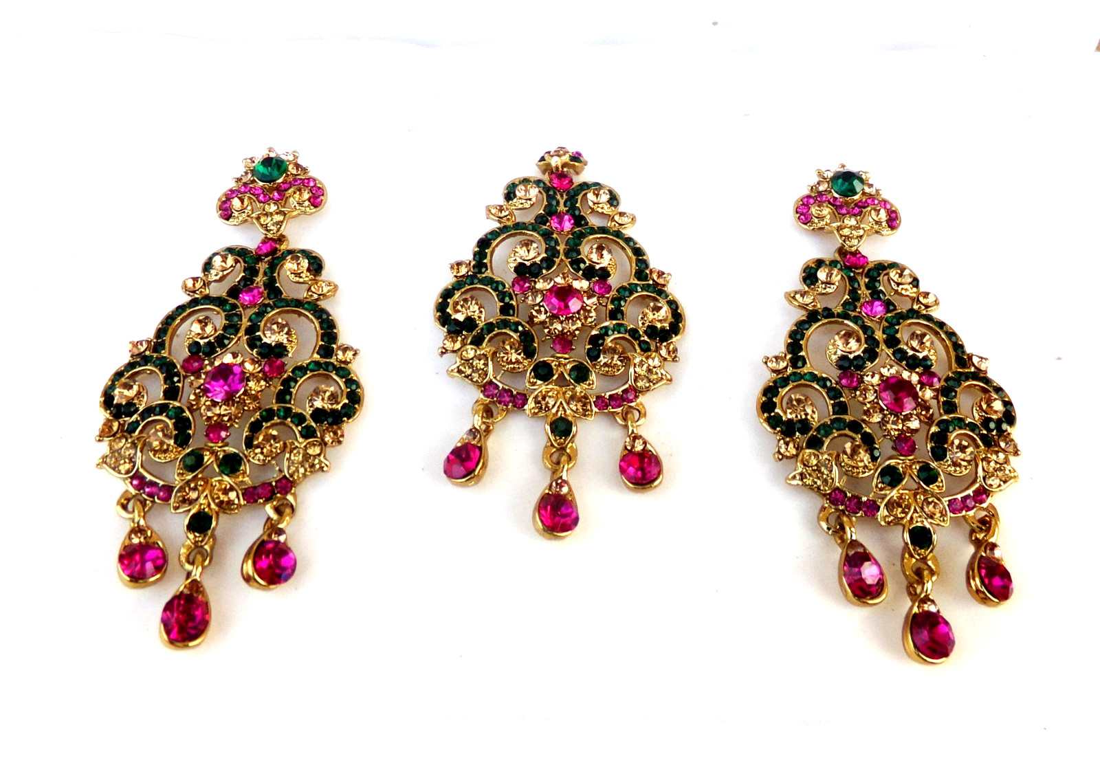 Bollywood Wedding Jewelry Ethnic Gold Tone Indian Kundan Long Earrings Tikka Set