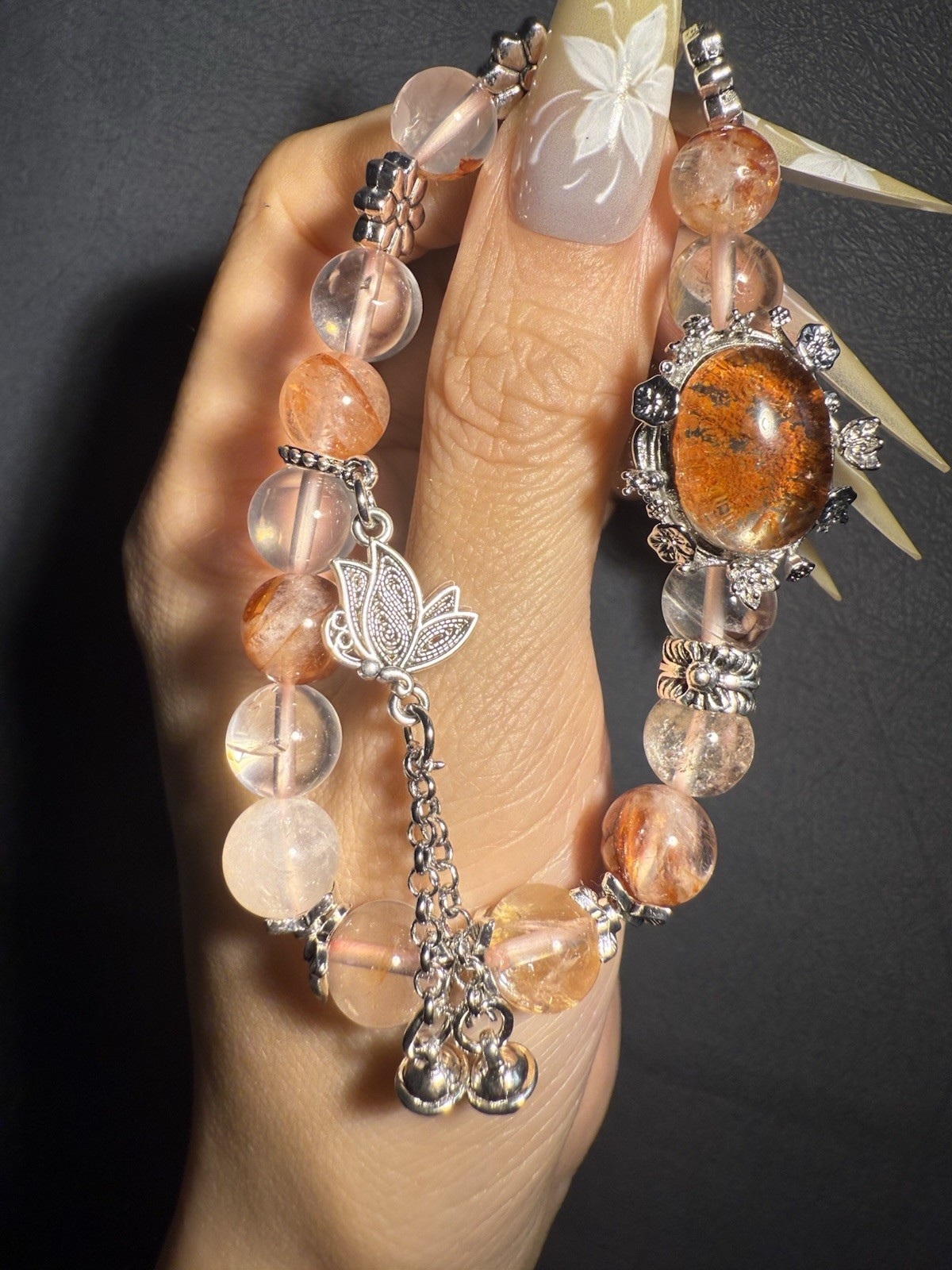 9.2mm High Grade Natural Fire Hematoid Crystal/ Phantom Crystal Charm Bracelet