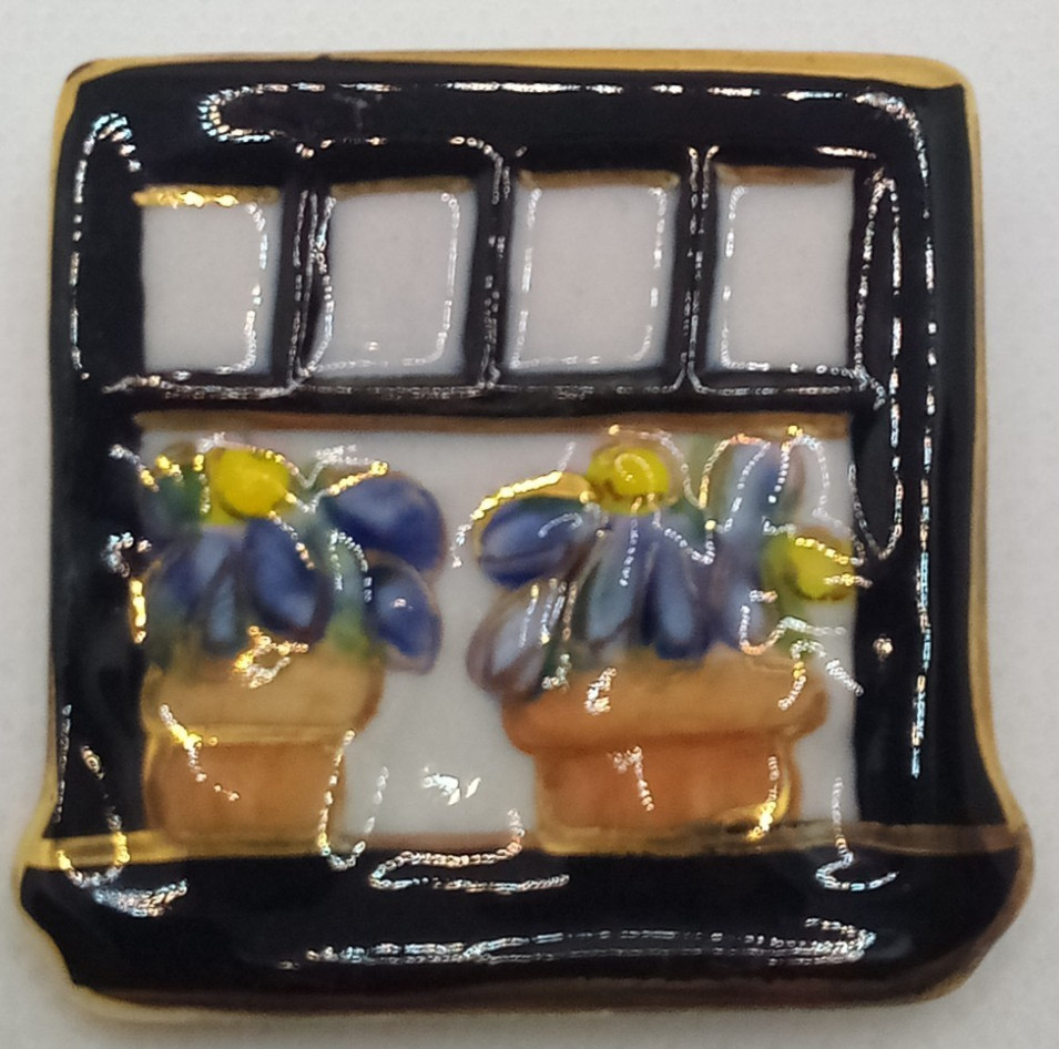 Vintage Ceramic Enamel Flower Pots On Window Sill Brooch Pin Gold Tone Accents